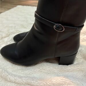 Anne Klein Black Leather Mid-Calf Block Heel Boots with Ankle Strap